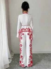 Selianne 女士两件套：优雅的中国风印花圆领系带不对称下摆上衣，搭配印花直筒弹力腰带长裤。 - 彩色 - 查看 2