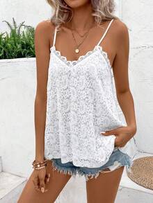 Hotletica Ladies Solid Color Loose Fit Lace Casual Top For Summer For Holiday Party Clothes - White - View 6