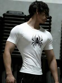 GymBeat Men's Casual Spider Print Round Neck Short Sleeve Sports T-Shirt, Summer - Black - View 5