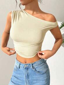 SHEIN EZwear 女士浅黄色无袖露脐背心，米黄色衬衫 - 淡黃色 - 查看 3