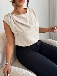 Elenzga Beige Linen-Cotton Sleeveless Shirt With Shoulder Ties,Smart Casual Summer Plus-Size Blouse,Office Stylish Streetwear For Vacations - Apricot - View 3