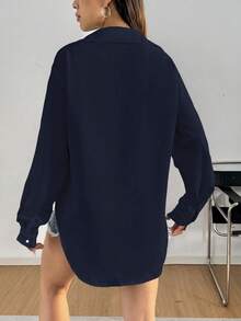 Chiquease Camisa Casual de Manga Longa com Botões na Frente e Cor Sólida para Mulheres - Azul Marinho - Visão 2