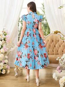 SHEIN Teen Girl Ruffled Collar Double-Layer Cap Sleeve Printed Pleated Hem Dress - Blue - View 2