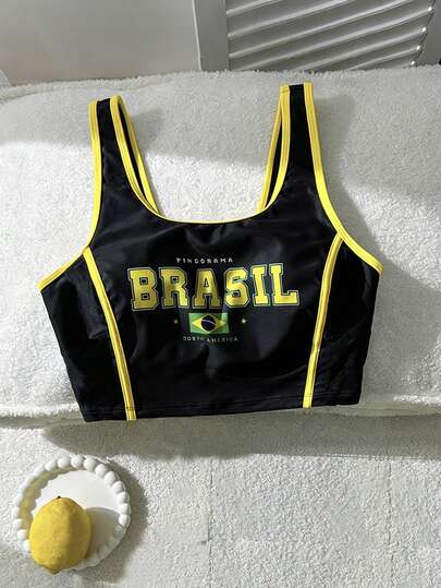 Swim Vcay Women's Summer Beach Letter Print Tankini Swimsuit Top