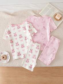 Girls' Teddy Bear & Bow Short Sleeve Shorts Pajama Set, Sweet & Cute Children Summer Short Sleeve Shorts Homewear Snug Fit - Multicolor - View 2