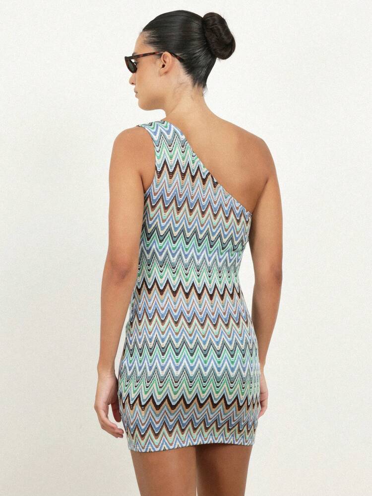 KSTM One Shoulder Zigzag Zig Zag Print Mini Dress Bodycon Sleeveless Summer Party Evening Asymmetric Neckline Fitted Short Dress