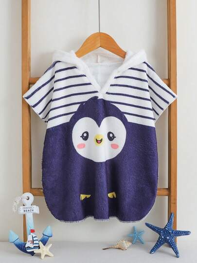 Cozy Pixies Bộ áo liền quần có mũ trùm đầu in hình hoạt hình kẻ sọc cho bé trai, thích hợp mặc đi biển/nghỉ dưỡng.