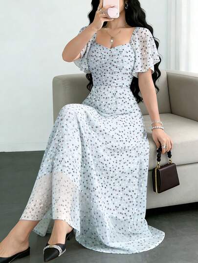 Modelyn Polka Dot Print Ruched Square Neck Cap Sleeve Design Dress, Waist Cinched Elegant Long Dress For Summer Vacation & Everyday Wear