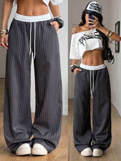 Coolane 女士休闲宽松格纹阔腿裤