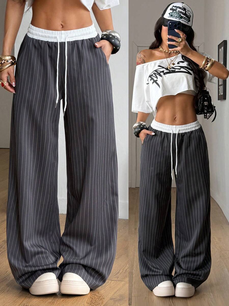 Coolane 女士休闲宽松格纹阔腿裤 - 灰色 - 查看 1