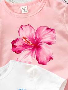 3pcs/Set Baby Girls' Cute Floral Bow,Starfish,Shell Graphic Print Short Sleeve T-Shirts,Pink And White,Beige,Summer Vacation Holiday Daily Wear - Multicolor - View 4