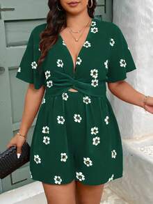 EMERY ROSE Pantalones cortos casuales y elegantes con estampado floral, cuello en V y cintura con cordón para mujer talla grande, primavera/verano - Verde Oscuro - Ver 3