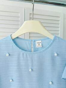 SHEIN Tween Girl Spring/Summer Casual Elegant Beaded Ruffle Cap Sleeve Woven Textured Round Neck Blouse Top Tween Girl - Baby Blue - View 5