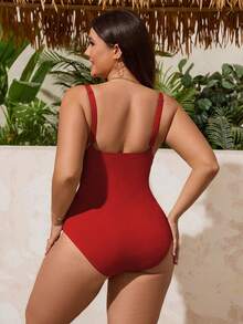 Swim Vcay بدلة سباحة قطعة واحدة مقاس كبير، بلون البن، مزينة بزخارف زهرية، خصر بسحاب، مجعد، مخفف للحجم، جذاب، كاجوال، أنيق للعطلات، مناسب لحفلات حمام السباحة - الأحمر - مشاهدة 2