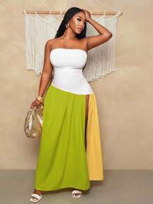 BamGleam Vestido sin tirantes de moda con abertura lateral y dobladillo de color contrastante, vestido de verano para mujer, atuendos de verano para mujer, vestido de verano para mujer, atuendos de verano para mujer, atuendos de vacaciones para mujer - Verde - Ver 5