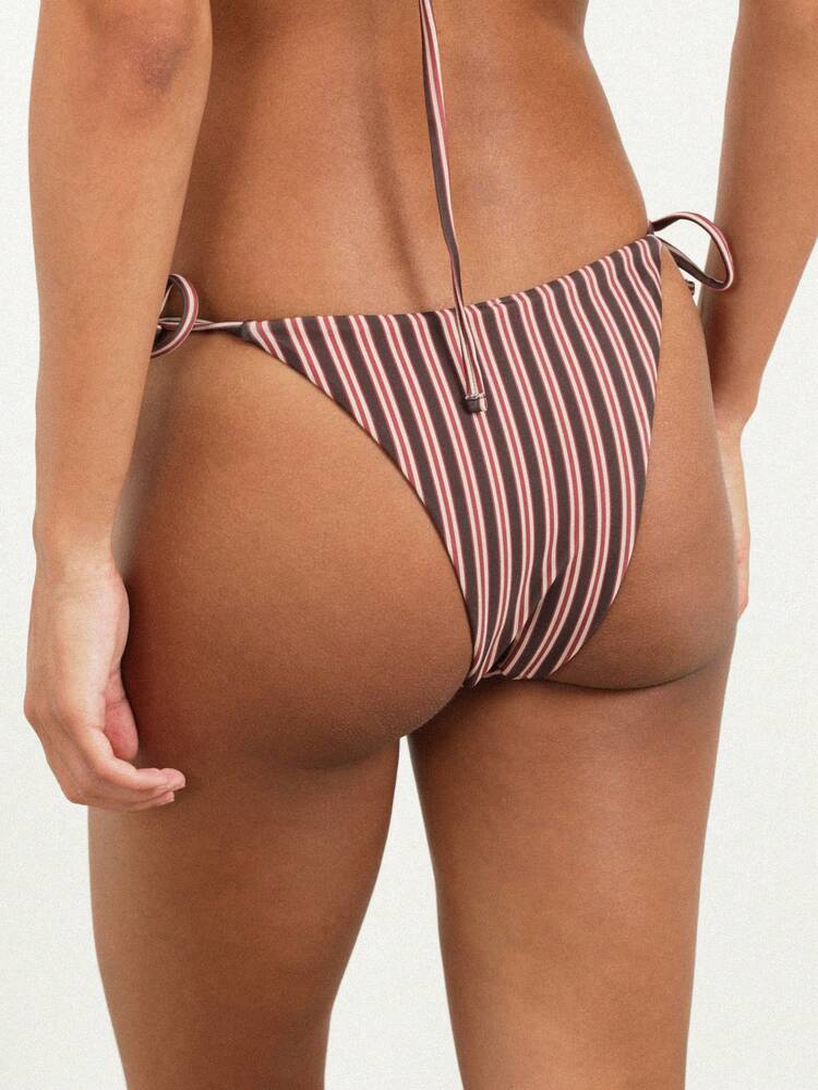 KSTM Brown Striped Tie Side Bikini Bottom With String Details Summer Beach Swimwear