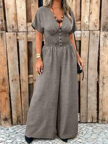 SHEIN LUNE Plus Size Women's Shirred Batwing Sleeve Jumpsuit With Buckle Waist Closure, Casual - Army Green - View 1