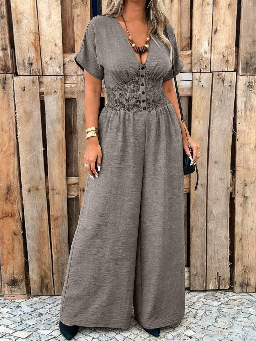 SHEIN LUNE Plus Size Women's Shirred Batwing Sleeve Jumpsuit With Buckle Waist Closure, Casual - Army Green - View 1