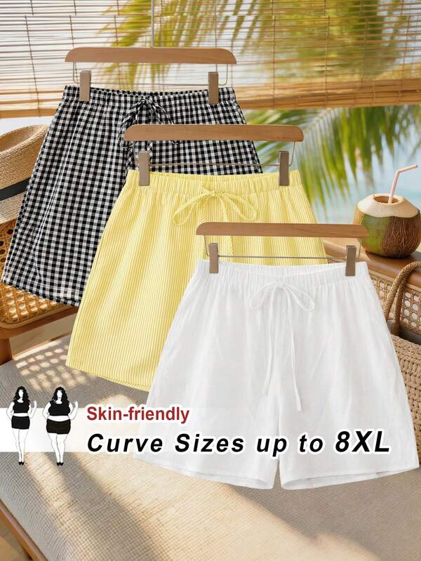 SHEIN CURVE+ Casual Multicolor Wide Leg Short Shorts For Women Woven Fabric Geometric Pattern With Knot Detail Semi-Sheer