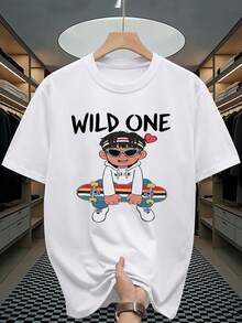 Velminro Men's Letter Print Round Neck Casual Short Sleeve Loungewear Top - White - View 2