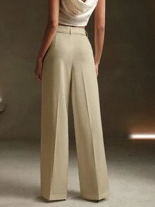 Anewsta Petite Pantalon de costume moderne urbain de couleur unie avec décoration métallique, nouvelle collection printemps - Crème - Voir 4