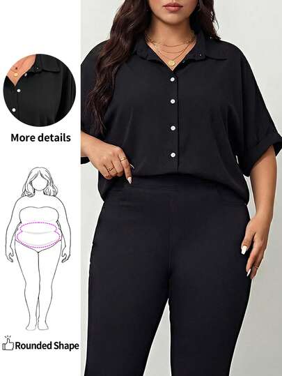 Enliva 大码女装春夏时尚休闲宽松舒适日常基本款百搭修身轻薄凉爽黑色纽扣衬衫、女式衬衫、工作上衣、教师衬衫、简约风格