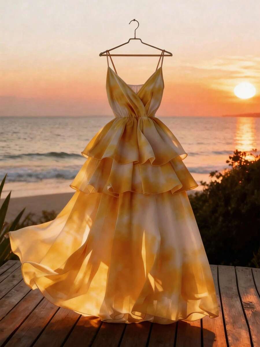 GlowEve Women's Ombre Pattern Waist A-Line Charming Elegant Everyday Vacation Commute Fashion Date French Street Retro Versatile Spring/Summer Ombre Light Yellow New Long Strap Dress - Light Yellow - View 1