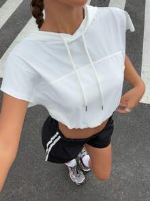 Muchica Summer Casual White Knit Hooded Cropped Tank Top,Women's Sportswear,Summer/Spring Clothes Women - White - View 1