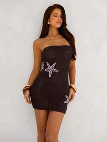 Aloruh 女士棕色无肩带修身钩针花卉中长连衣裙，度假款 - 棕色 - 查看 7