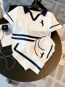 Franclia Conjunto de top de manga raglán con cuello polo + pantalones cortos casuales - Blanco - Ver 3