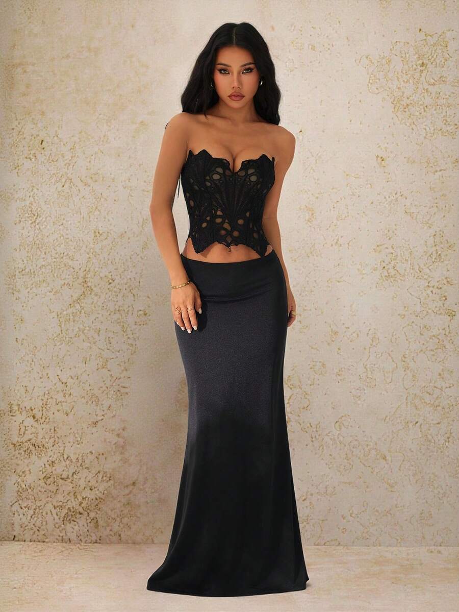 SHEIN PETITE 2pcs/Set Black Sexy Hollow Lace Sheer Blouse And Low Waist Extra Long Satin Skirt, Suitable For Date Night, Wedding Guest, Brunch, Elegant Outfit, Party - Black - View 1