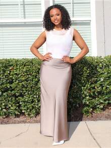 Steph T Women's Elegant Satin Skirt, Versatile Fish Tail Hem A-Line Skirt, Everyday Wear - Khaki - View 1