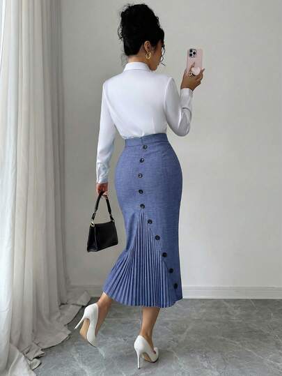 Elenzga Women's Elegant Fitted Pleated Pencil Skirt