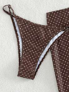 Swim Vcay New Women's Small Polka Dot Adjustable Halter Bikini Top, Triangle Bottoms And Skirt 3-Piece Swimsuit Set, Vacation Style, Women Vacation Outfit Sets, Women 3 Piece Sets Bathing Suit,Brown Polka Dot Print Bikini Swimsuit Set With Beach Skirt - Brown - View 5