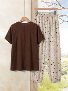 Rusticease Women's Summer Vintage Mother 2pc Set Brown Solid Round Neck Short Sleeve Top And Polka Dot Wide Leg Pants Casual Festival Vacation Outfit Clothes - Multicolor - View 7