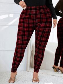 SHEIN Essnce Legging Ketat Elastis Motif Kotak-kotak Ukuran Besar - Merah - View 5