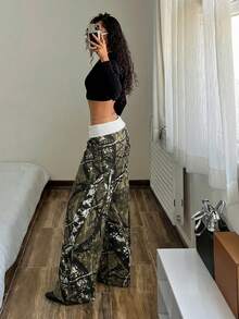 StreetHx Quần jeans nữ phong cách đường phố in hình cành cây, cạp quần phối màu tương phản - Nhiều màu - Xem 7