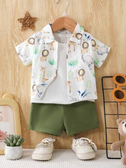 新生儿卡通狮子印花短袖衬衫和短裤休闲套装