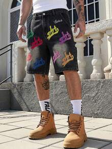 ROMWE MEN Men's Casual Everyday Denim Shorts With Pockets And Button Letter Graphic - Black - View 1