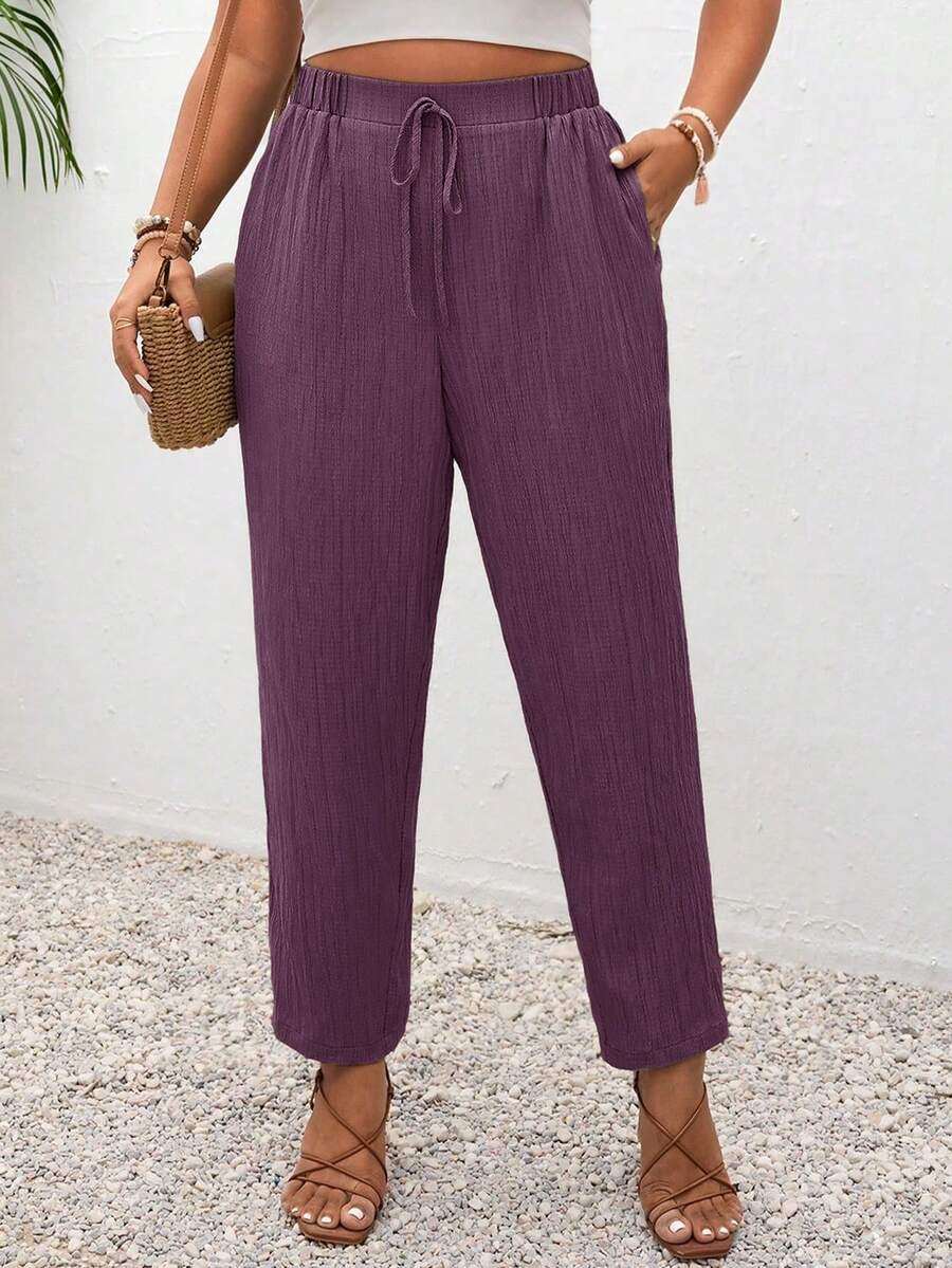 SHEIN Frenchy Pantaloni casual con tasche e nodo, tinta unita, taglie comode, adatti per le vacanze - Viola - Visualizzare 1