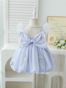 SHEIN Baby Girls' Light Blue Floral Summer Elegant Wedding Guest Ruffle Strap Puff A-Line Dress 3D Bow Back Lantern Skirt For Gathering & Celebrations - Blue - View 4
