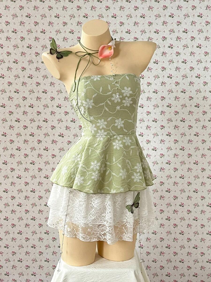 INAWLY Women Floral Embroidery Pattern Casual Versatile Daily Wear Tube Top - Green - View 1