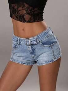 TRNVIE Fashionable Casual Deconstructed Mid-Waist Denim Shorts - Light Wash - View 1