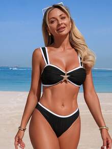 Swim Chiccia 女士新款针织提花波浪纹面料宽肩带海星装饰边吊带背心式泳衣上装和低腰泳裤优雅休闲两件套，春夏款 - 黑與白 - 查看 5