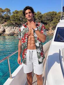 Surfspeed Men's White Floral Leaf Print Button-Up Short Sleeve Shirt And Drawstring Shorts Summer Boho Vacation Holiday Beach Hawaii Tropical Swim Outfits Set - Multicolor - View 8