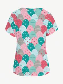 PopScrub Heart & Stripe Design Allover Print Scrub Top For Women, V-Neck Short Sleeve Uniform, Nursing Clothes Suitable For Easter & Daily Wear, Spring/Summer - Multicolor - View 2