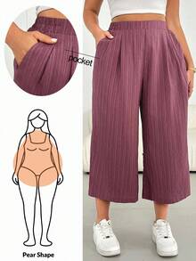 Enliva Plus Size Women's Spring And Summer Fashion Casual Loose Comfortable Cool Daily Basic Versatile Texture Fabric Elastic Waist Pink Wide Leg Pants, Women Bottom, Flowy Pants, Simlpe Style, European Summer, Capri, Vacation Pants, For Apple And Rounded Body Shape - Pink - View 4