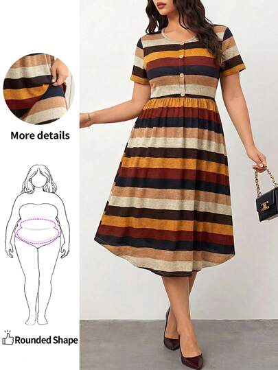 Enliva SHEINLUNE 大码女式条纹短袖针织休闲连衣裙，女士度假装，女士朴素连衣裙，女士机场装，女士波西米亚风连衣裙，春季连衣裙，女士度假装，俱乐部连衣裙，热带连衣裙，春季春装夏装女士春季装女士度假装