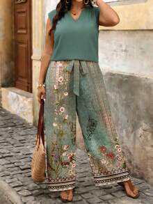 SHEIN VCAY Plus Size Women's Solid V-Neck Top And Floral Print Wide Leg Pants Casual 2-Piece Set, Suitable For Vacation Outfit - Multicolor - View 1