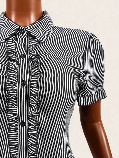 Mistrie Retro Sweet Girl Style Contrast Color Block Black & White Striped Front Button Collar With Ruffle Trim + Ruffle Hem Waist Design Slim Fit Commuter Versatile Blouse, Blogger Same Style Niche Rejuvenating Women Shirt